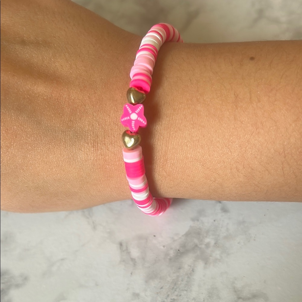 Pink and White Beaded Bracelet with Heart Accents
